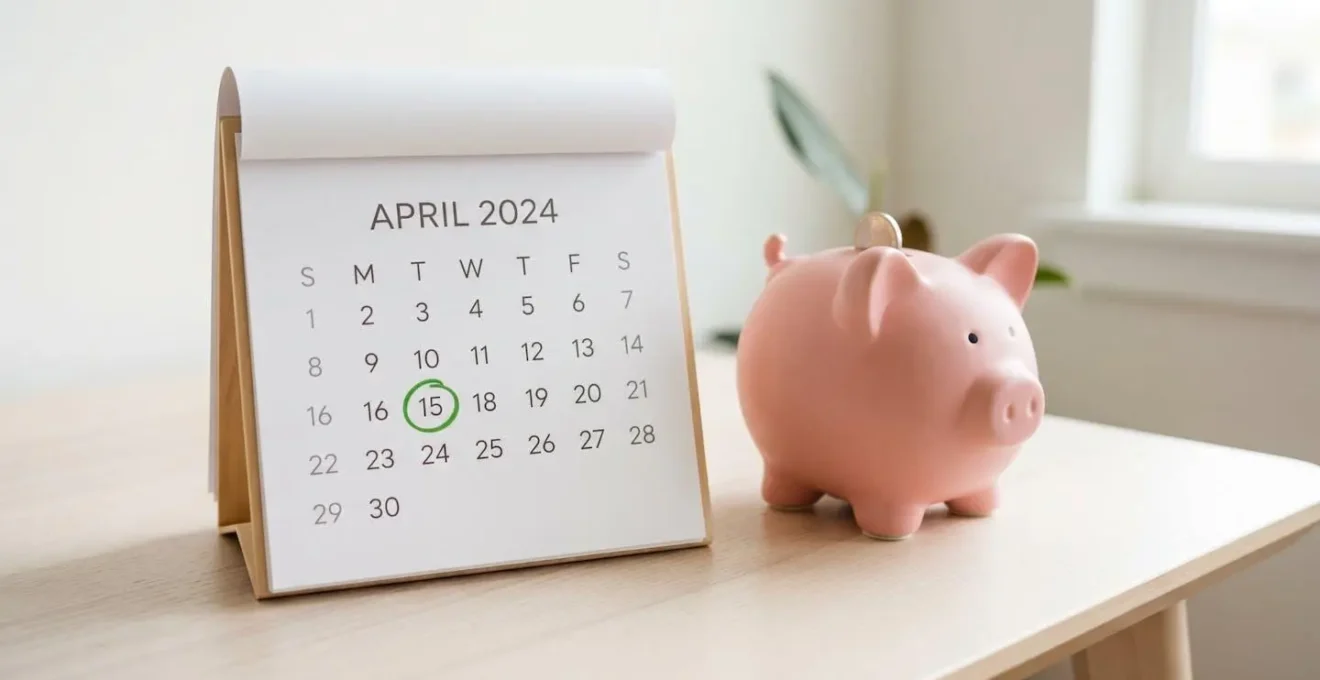 Calendrier avec le 15 entouré et une tirelire recevant des pièces, illustrant l'optimisation des versements.