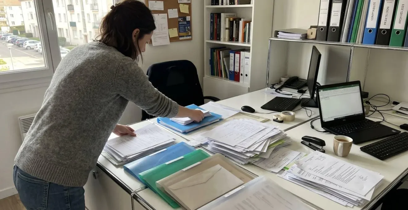 Personne vue de dos organisant des documents administratifs sur un bureau dans un intérieur contemporain